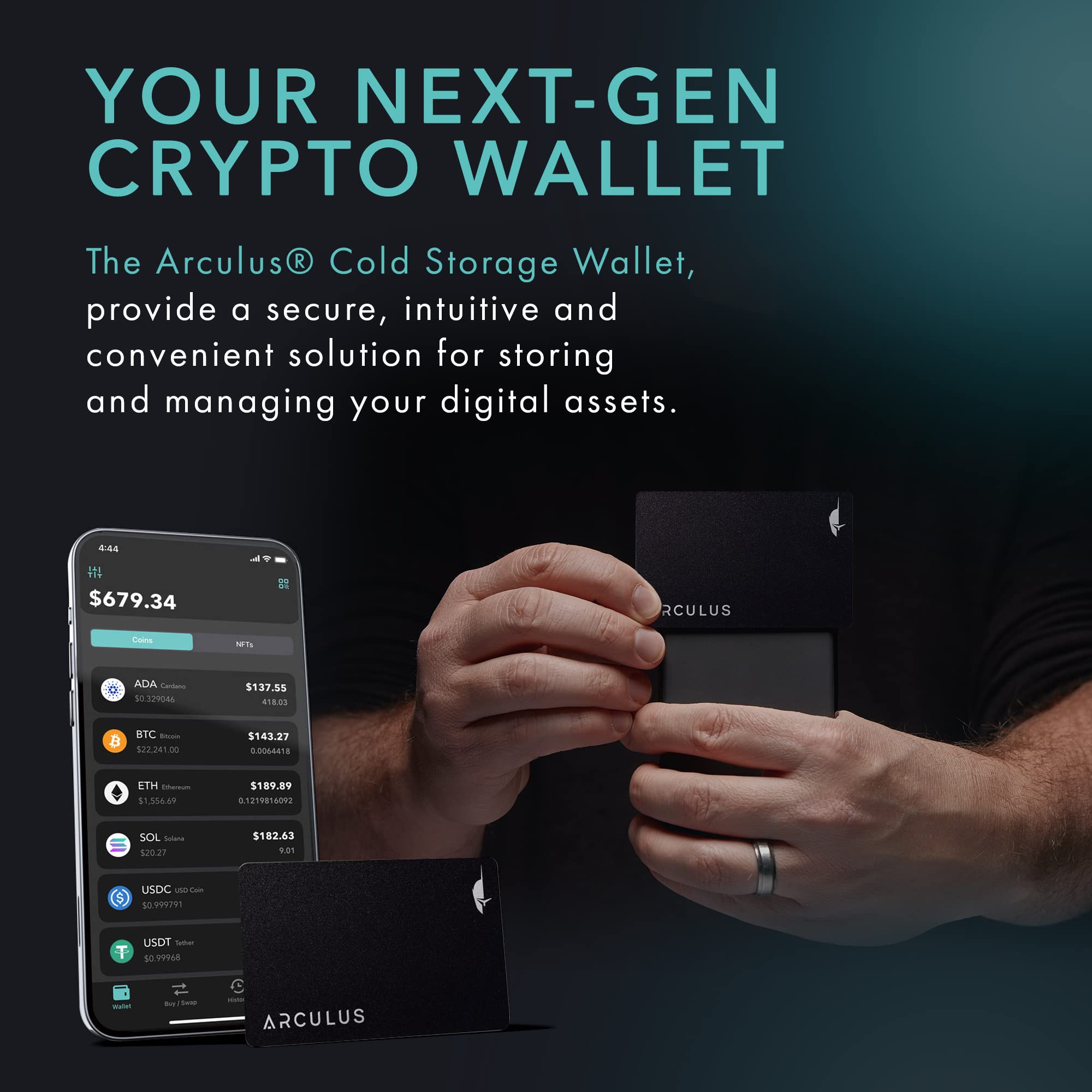 Arculus� Crypto Cold Storage Wallet, Secure Bitcoin Wallet, Crypto Hardware Wallet For Nfts, Ethereum, Bitcoin, Cardano & Other Cryptocurrencies, 3 Factor Authentication, Black